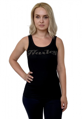 Женская майка в рубчик Harley-Davidson – россыпь страз в форме слова «Harley» на груди №1073