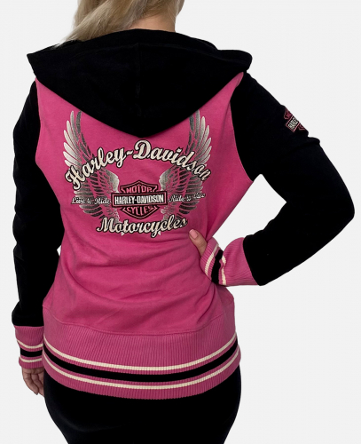 Розово-черная женская толстовка Harley-Davidson – капюшон, широкие манжеты-резинки, брендовые вышивки №1004