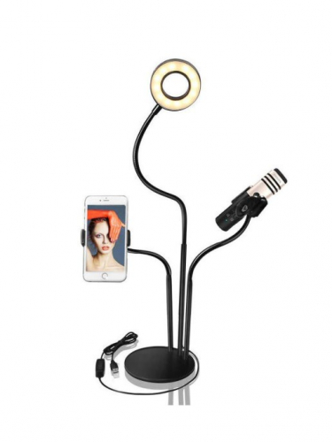 Штатив-держатель смартфона и микрофона с кольцевой LED лампой Selfie 3 в 1
