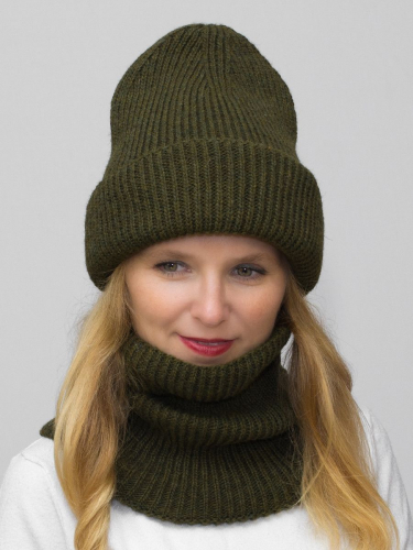 Комплект зимний для девочки шапка+снуд Monro (Цвет болотный), размер 56-58, шерсть 70%
