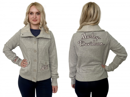 Женская куртка пиджак Harley-Davidson – высокий ворот, ровный серый цвет, брендовая аппликация №2038