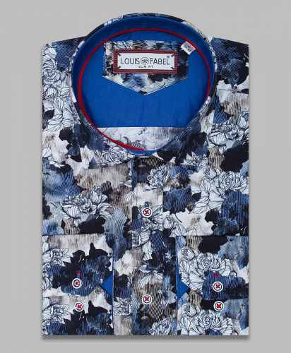 Яркая приталенная мужская рубашка Louis Fabel 6181 в цветах с длинными рукавами