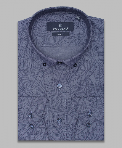 Светло-синяя приталенная мужская рубашка Poggino 6001-211 в листьях с длинными рукавами
