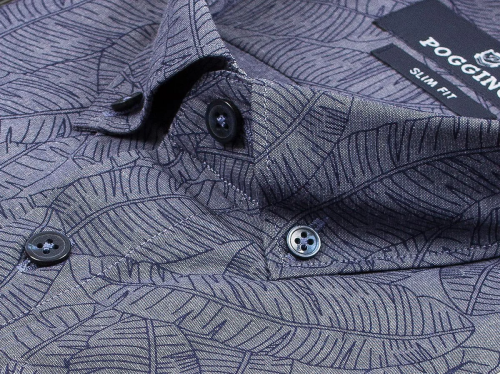 Светло-синяя приталенная мужская рубашка Poggino 6001-211 в листьях с длинными рукавами