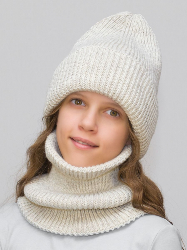 Комплект зимний для девочки шапка+снуд Monro (Цвет лен), размер 56-58, шерсть 70%