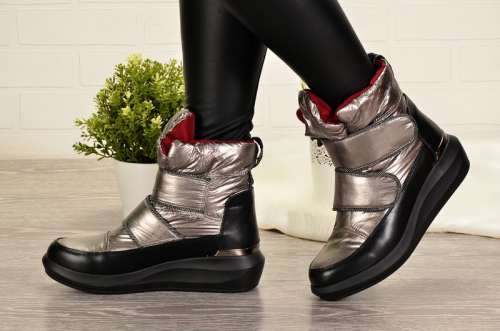 Loris Bottega LB-104 Ботинки женские серебр-чер нейлон+иск кожа, подклад иск мех