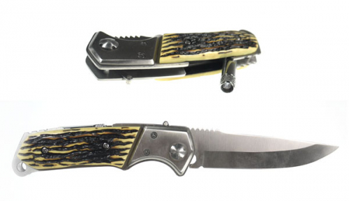 Нож Stainless выкидной в чехле 20 см, рукоять олений рог-11 см, с фонарем (101AB)(83-022)