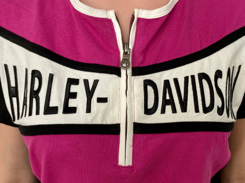 Розово-черная женская футболка Harley-Davidson – свободный силуэт + плотный принт-вышивка №1060