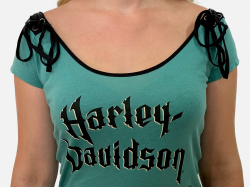 Бирюзовая женская футболка Harley-Davidson – тесьма на плечах, асимметричный принт, приталенный фасон №1095