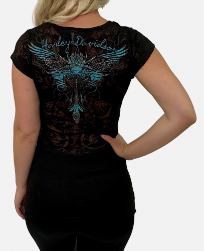 Полупрозрачная женская футболка Harley-Davidson – модный глэм-рок с принтом на боку и спинке №1157