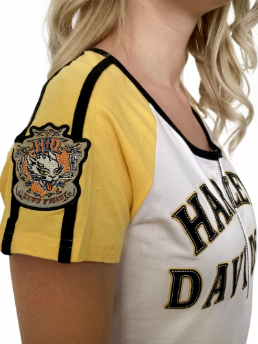 Удлиненная женская футболка Harley-Davidson – бело-желтый микс с замочком и брендовой аппликацией на груди №1054
