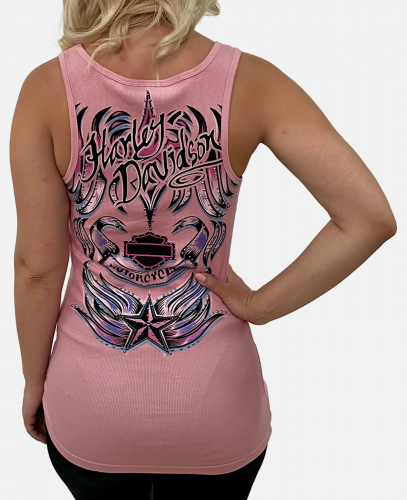 Розовая женская борцовка Harley-Davidson – глэм-рок стиль с принтом и акцентами из страз №1063