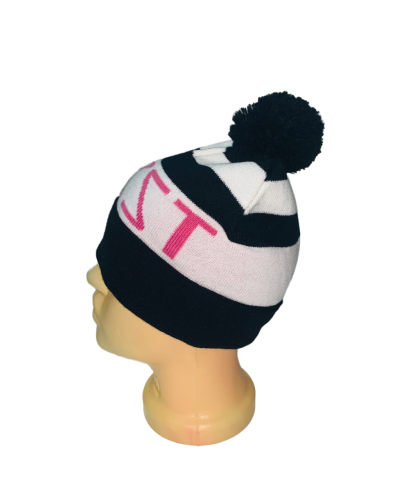 Черно-белая шапка с розовой надписью и помпоном  №155