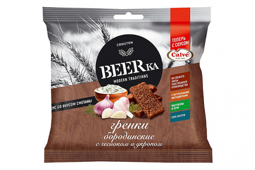 «Beerka», сухарики со вкусом чеснока с укропом и сметанным соусом «Calve», 85 г
