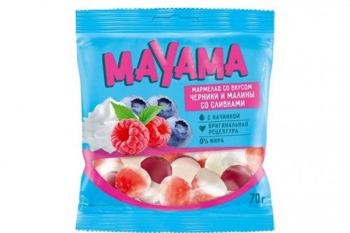 «Mayama», мармелад жевательный с желейной начинкой со вкусом черники и малины со сливками, 70 г