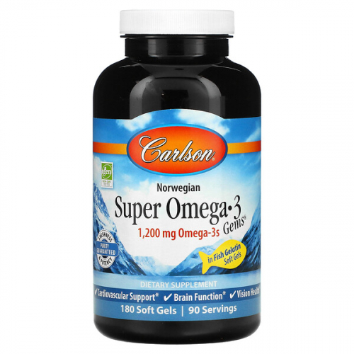 Carlson, Super Omega-3 Gems, высокоэффективные омега-3 кислоты из рыбы дикого улова, 1200 мг, (600 мг в 1 капсуле) капсулы