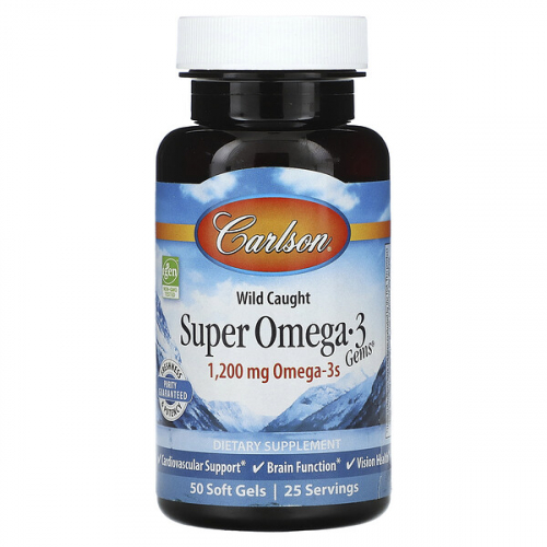 Carlson, Super Omega-3 Gems, высокоэффективные омега-3 кислоты из рыбы дикого улова, 1200 мг, (600 мг в 1 капсуле) капсулы