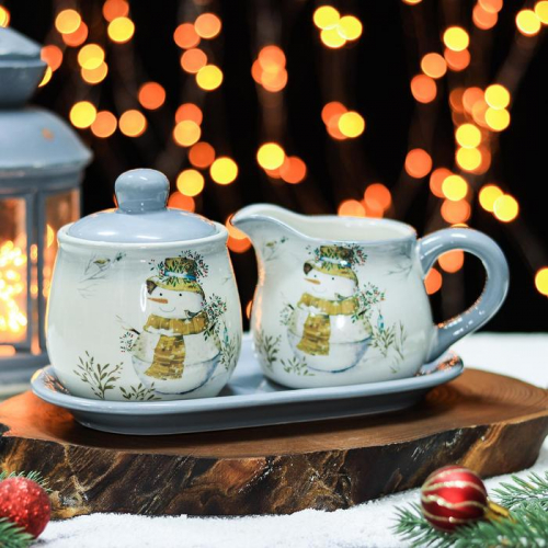 Набор сервировочный Доляна «Рождественский снеговик», 2 шт, молочник 270 мл, сахарница 310 мл, 9,4×10,6 см