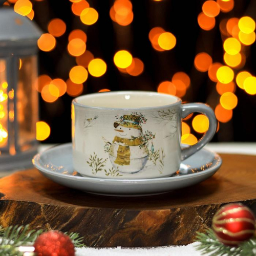 Чайная пара Доляна «Рождественский снеговик», чашка 210 мл, блюдце d=15 см