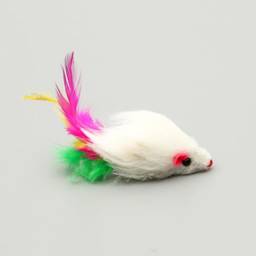 Мышь меховая однотонная с перьями 6,5 см, микс цветов