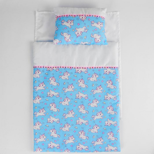 Постельное бельё для кукол «Единорожки на голубом», простынь, одеяло, подушка