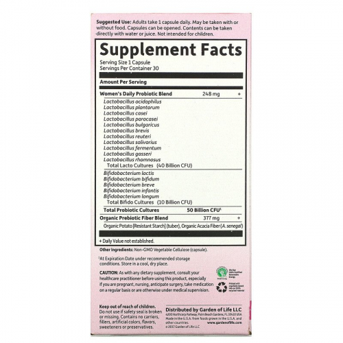 Garden of Life, Dr. Formulated Probiotics, пробиотики, одна таблетка в день для женщин, 30 вегетарианских капсул