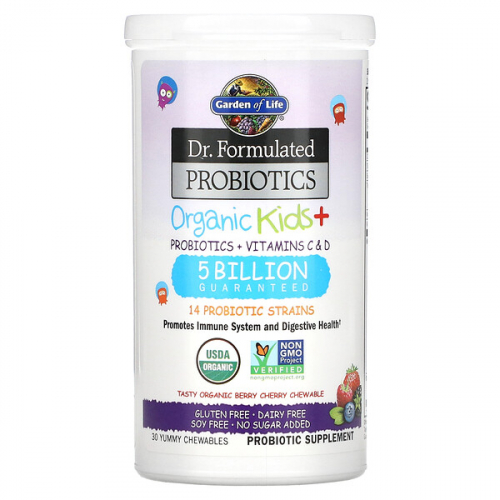 Garden of Life, Dr Formulated Probiotics, Organic Kids+, органические пробиотики для детей, 30 вкусных жевательных таблеток (0.13 кг)