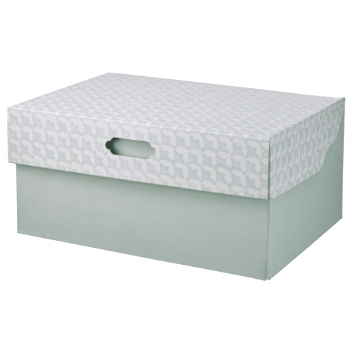 HYVENS ХЮВЕНС, Коробка с крышкой, серо-зеленый белый/бумага, 33x23x15 см