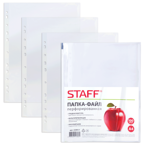 Папки-файлы перфорированные STAFF, КОМПЛЕКТ 100шт., А4, гладкие, яблоко, 0,03 мм, 224917