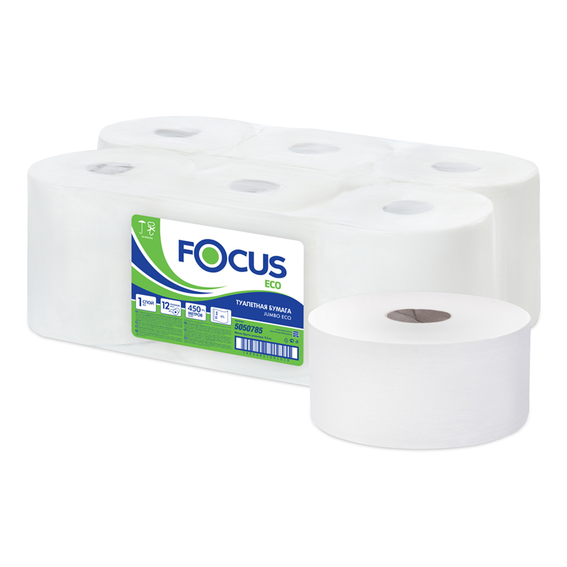 Бумага туалетная Focus Eco Jumbo, 1 слойн, 450 м/рул, тиснение, белая, 5050785, 299951