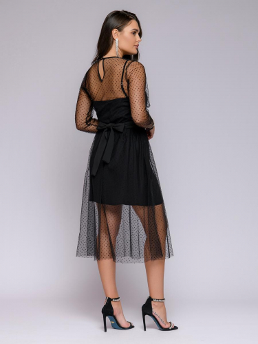 Платье черное длины миди с длинными рукавами и верхом из фатина