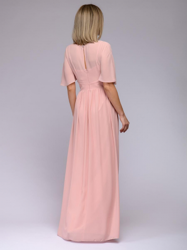 Платье розовое длины макси с рукавами 