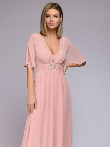 Платье розовое длины макси с рукавами 