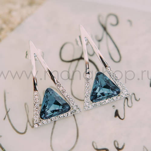 Серьги-треугольники Клеопатра с синими кристаллами Сваровски