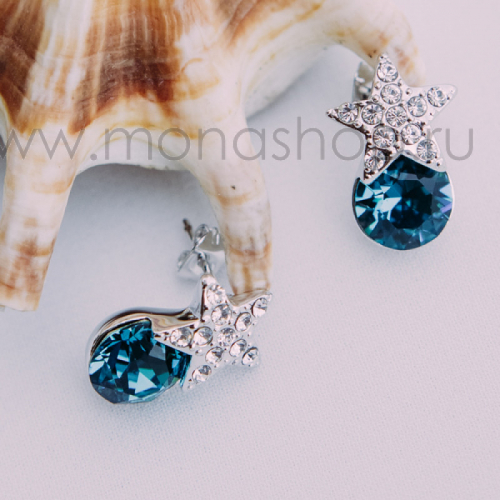 Серьги Звездочки с синими кристаллами Сваровски
