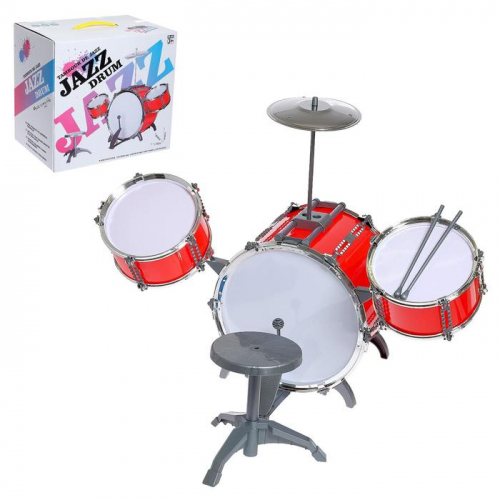 Барабанная установка Jazz, 3 барабана, тарелка, палочки, стульчик, МИКС