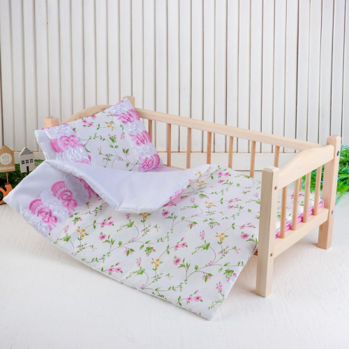 Кукольное постельное «Цветы на белом», простынь, одеяло 46х36 см, подушка 27х17 см