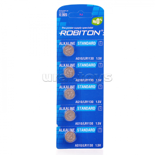 Батарейки алкалиновые ROBITON STANDARD R-AG10-0-BL5 (0% Hg) AG10 LR1130 389 189 LR54 BL5