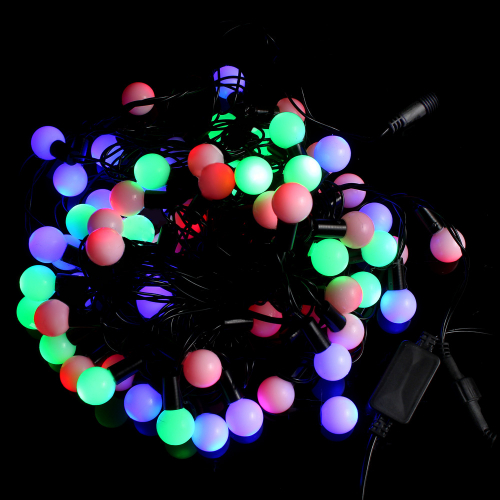 Гирлянда мультишарики d=2 см 70 LED 8 м чёрный провод цветная
