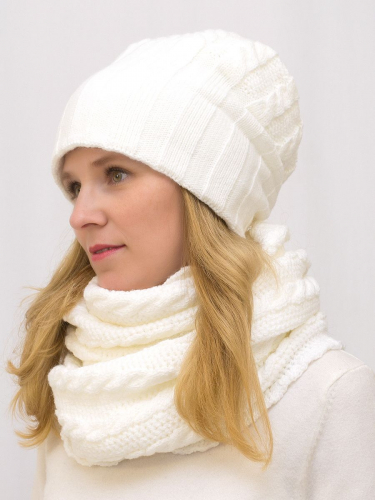 Комплект зимний женский шапка+снуд Марта (Цвет белый), размер 56-58, шерсть 30%