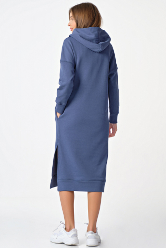 Платье-худи теплое с капюшоном из футера индиго