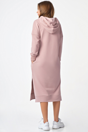 Платье-худи теплое с капюшоном из футера пыльно-розовое