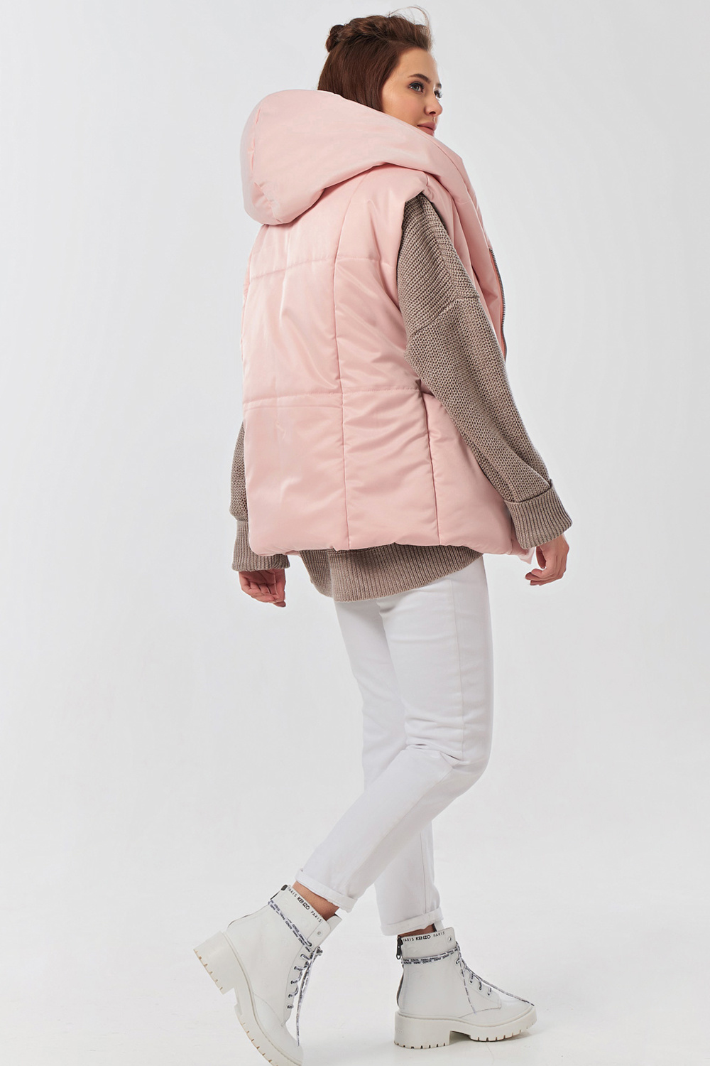 ст. цена4224руб.! Жилет утепленный оверсайз на молнии с капюшоном розовый