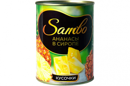 «Sambo», ананасы в сиропе, консервированные, кусочки, 565 г