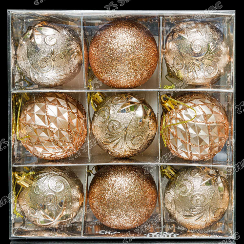 Набор елочных украшений Р41-1 Шары 9шт6см (шар фактур ромб, шар фактур цветок, шар пайетки) розовое золото (96)
