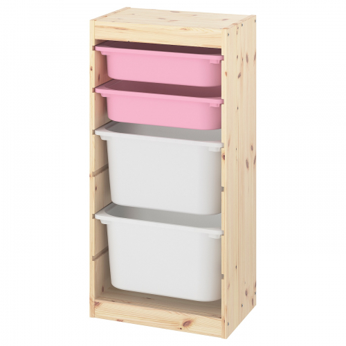 TROFAST ТРУФАСТ, Комбинация д/хранения+контейнеры, светлая беленая сосна розовый/белый, 44x30x91 см