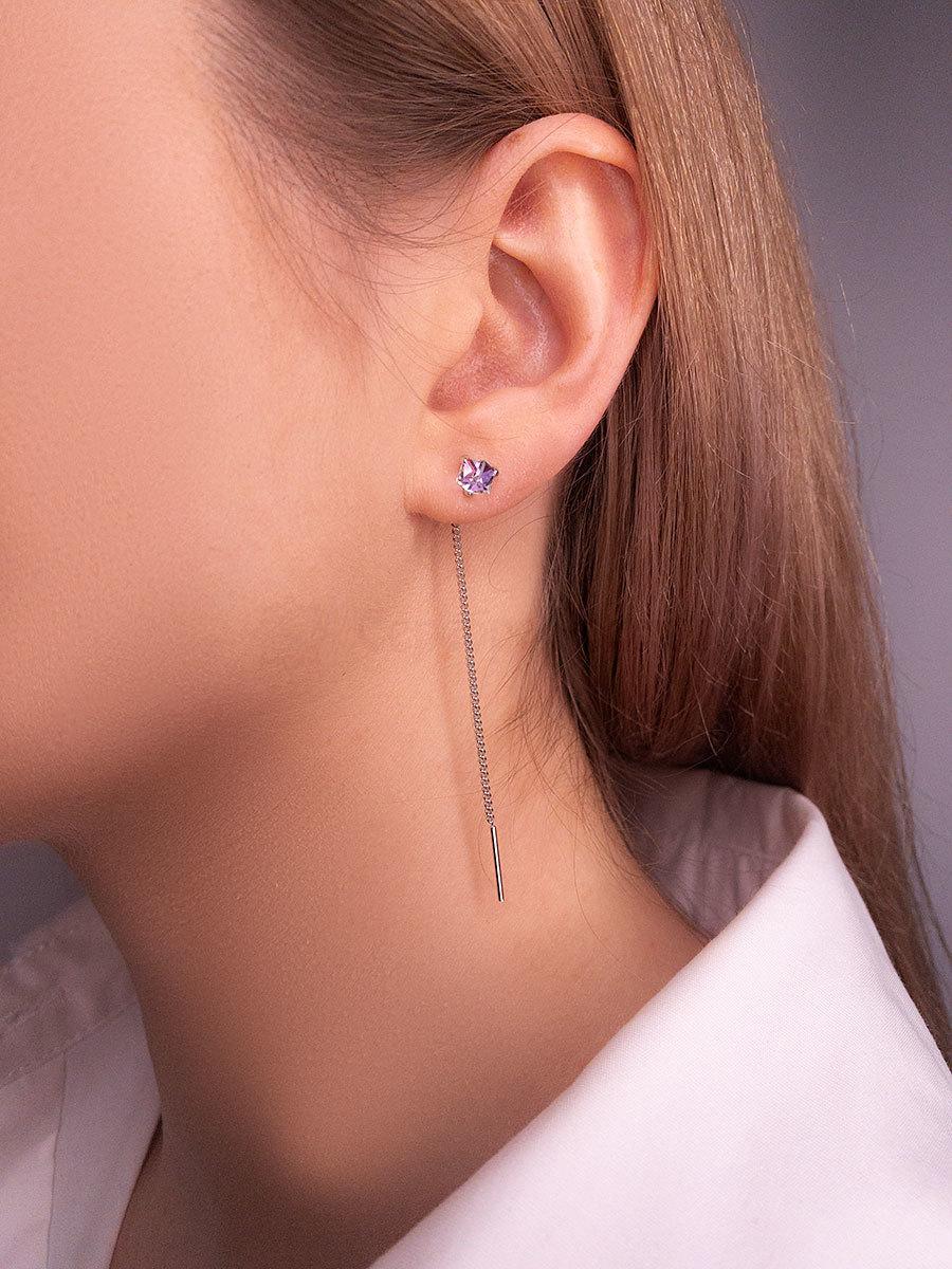 Серьги-продёвки из серебра с кристаллами Swarovski розовый мистик родированные 925 пробы 0058с-001VL