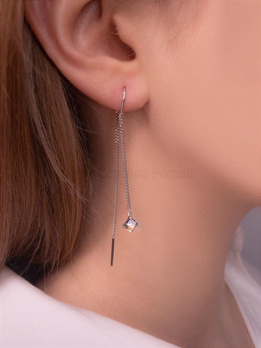 Серьги-продёвки из серебра с кристаллами Swarovski зелёный мистик родированные 925 пробы 0060с-001VM
