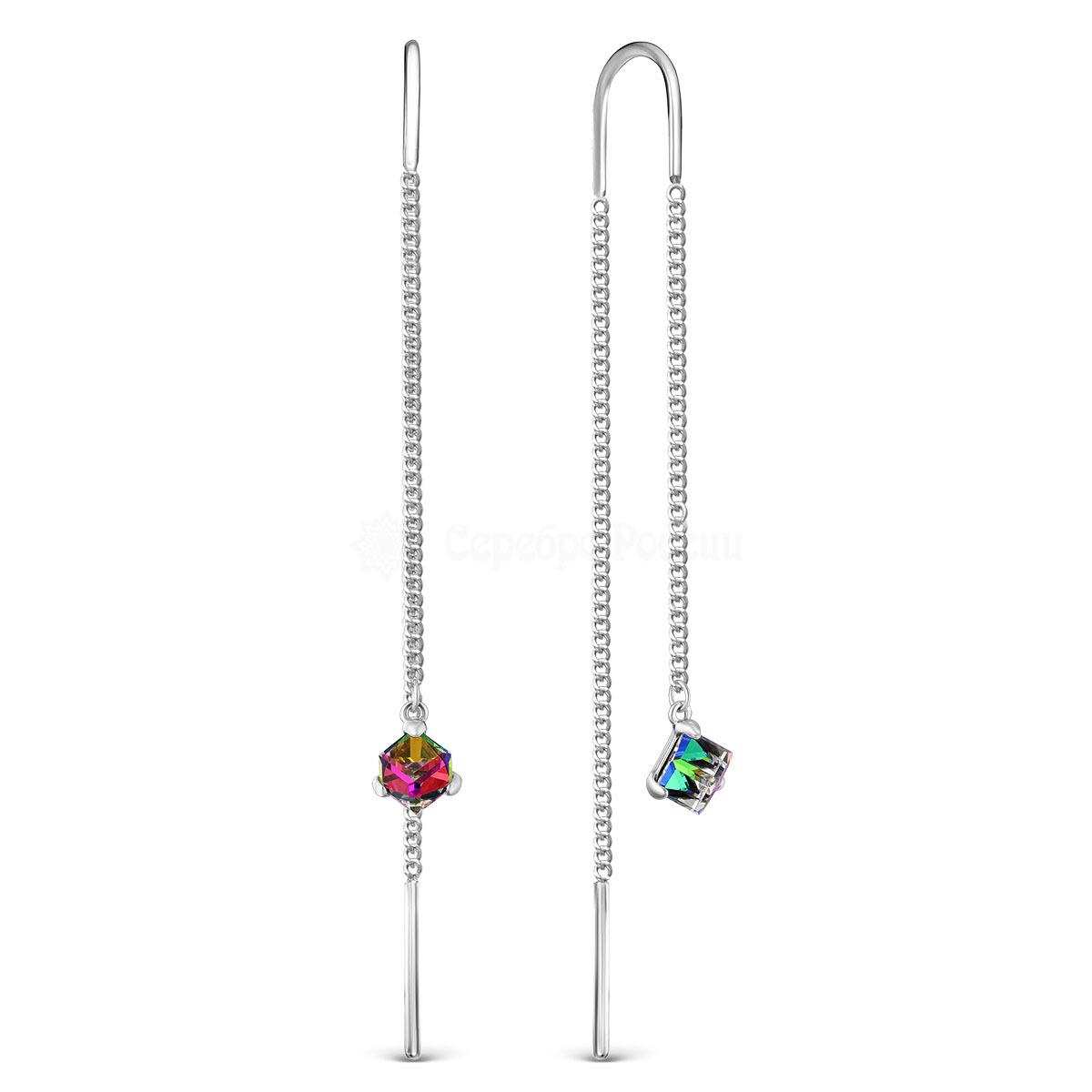 Серьги-продёвки из серебра с кристаллами Swarovski зелёный мистик родированные 925 пробы 0060с-001VM