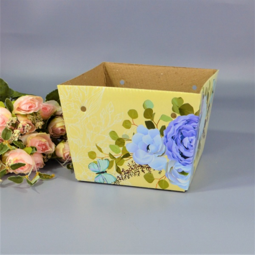 Кашпо трапеция 15х12,5х11см картон желтый с голубой розой (1шт)